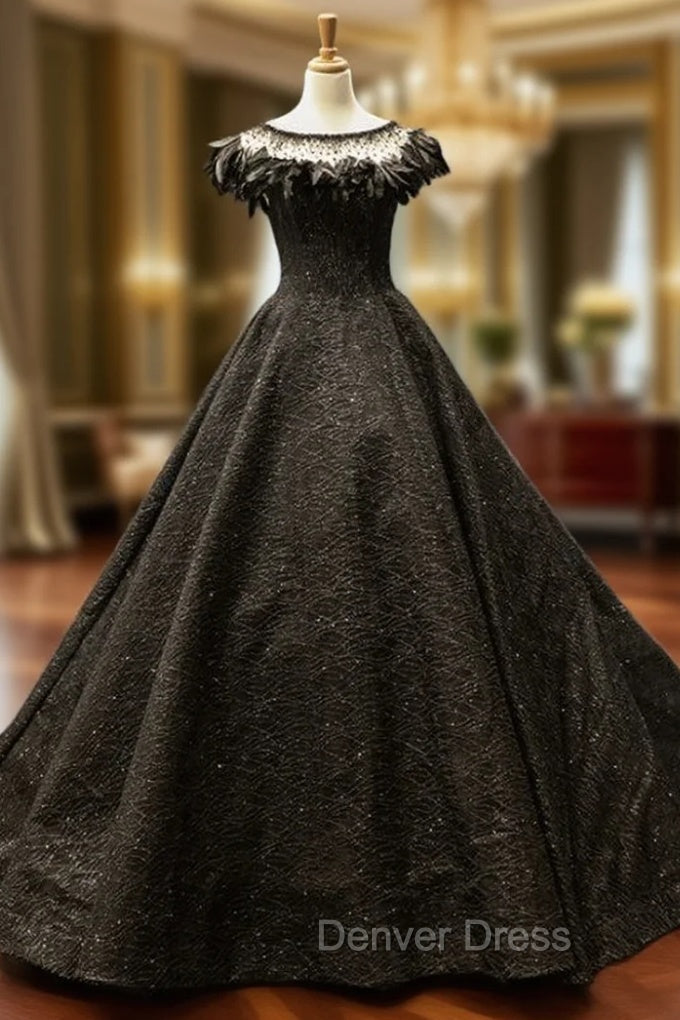 Black Ball Gown Sequins Beading Bateau Prom Dresses With Feather