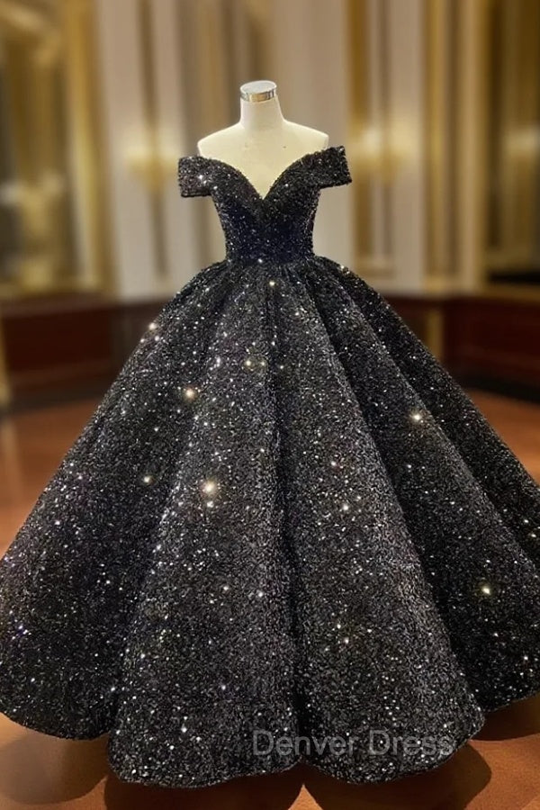 Black Ball Gown Sequins Off the Shoulder prom Dresses Main image