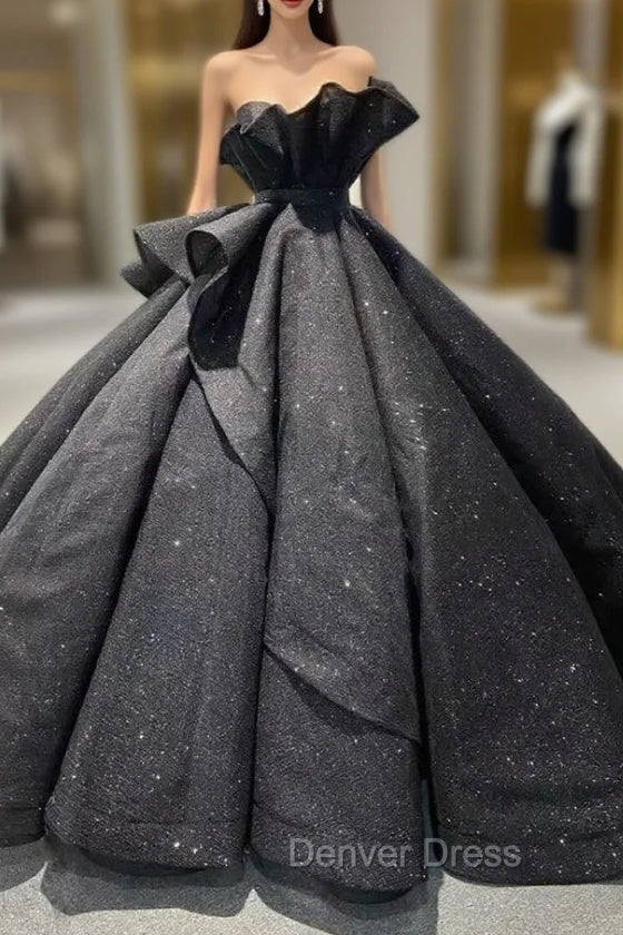 Black Ball Gown Sequins Strapless Prom Dresses