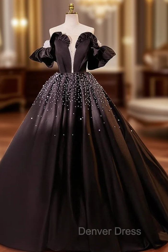 Black Ball Gown Short Sleeve Pearls Quinceanera Dresses Main image