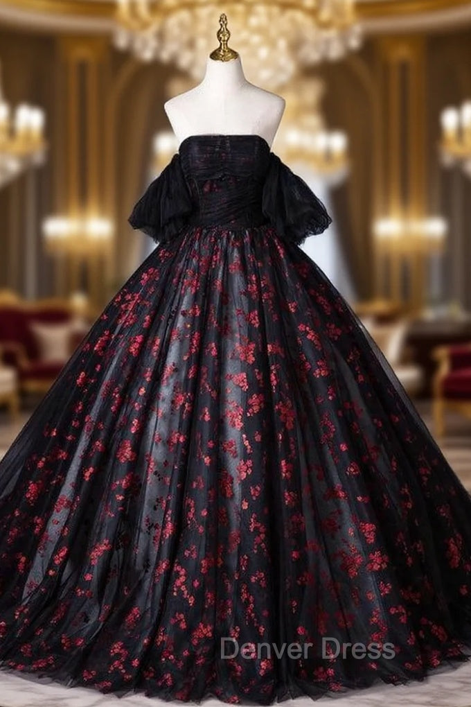 Black Ball Gown Strapless Embroidery Quinceanera Dresses