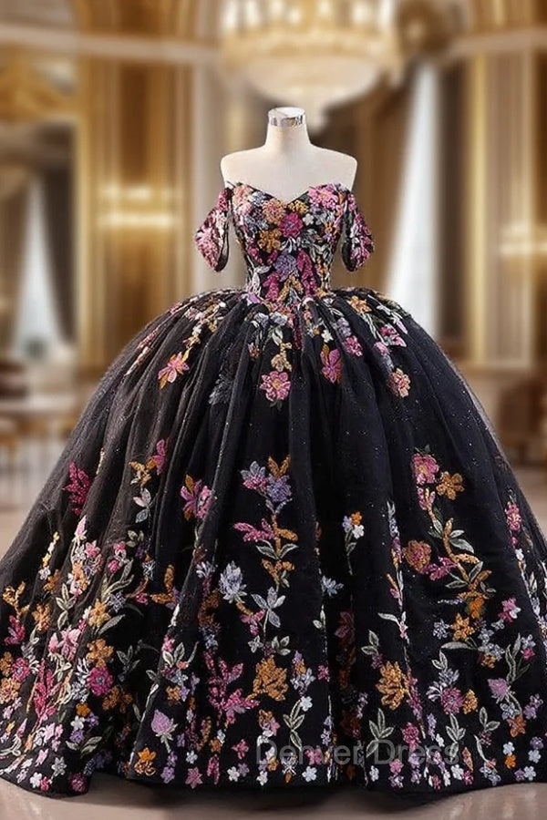 Black Ball Gown Tulle Colorful Sequins Prom Dresses Main image