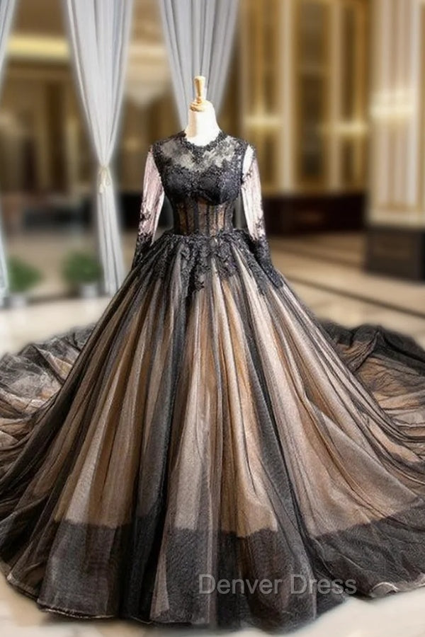 Black Ball Gown Tulle Lace Appliques Long Sleeve Luxury Prom Dresses Main image