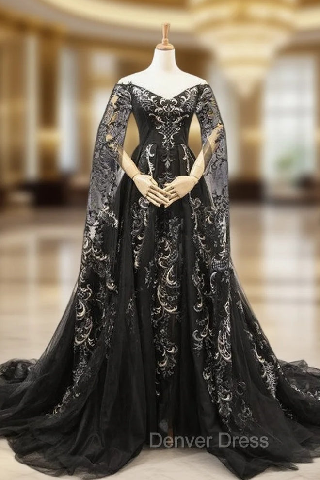 Black Ball Gown Tulle Off the Shoulder Long Sleeve Prom Dresses With Appliques