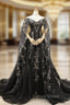 Black Ball Gown Tulle Off the Shoulder Long Sleeve Prom Dresses With Appliques