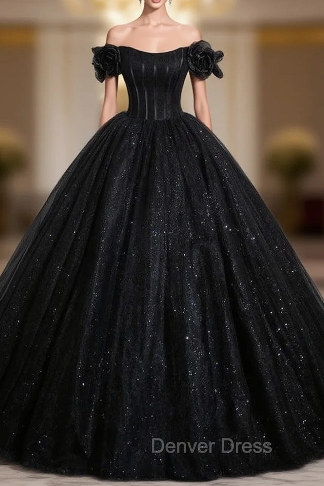 Black Ball Gown Tulle Sequins Off the Shoulder Quinceanera Dresses
