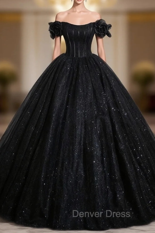 Black Ball Gown Tulle Sequins Prom Dresses Main image
