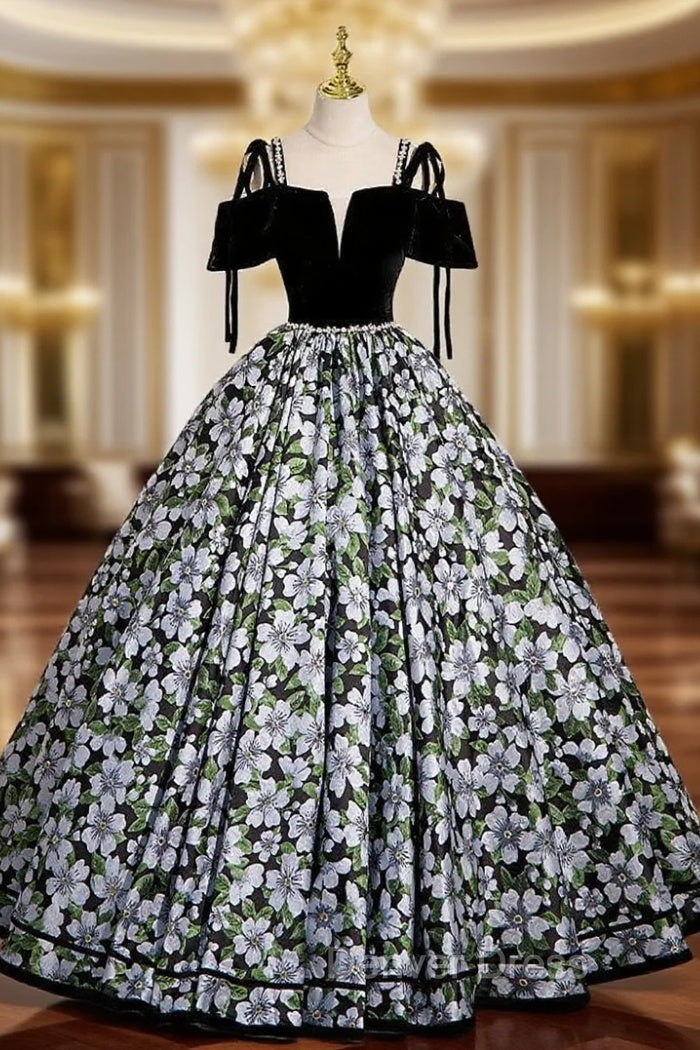 Black Ball Gown Velvet Print Quinceanera Dresses Main image