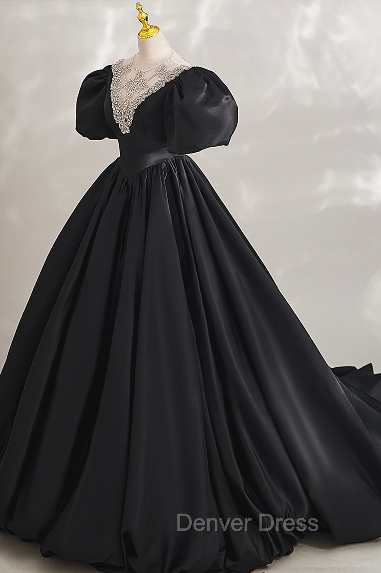 Black Ball Gowns with Beaded, Black Short Sleeve Prom Dresses