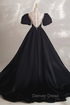 Black Ball Gown with Beaded, Black Short Sleeve Formal Evening Dresses