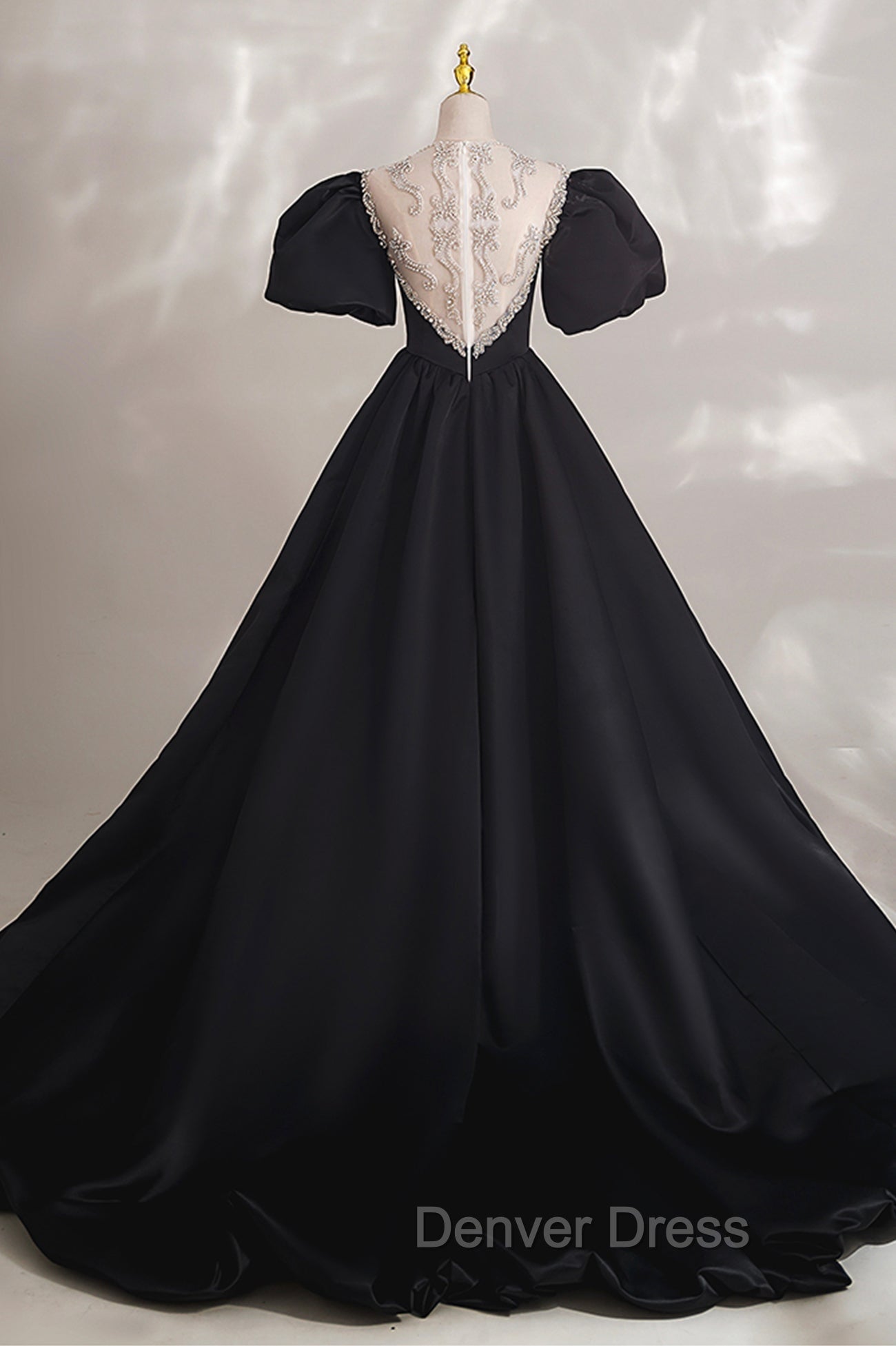 Black Ball Gowns with Beaded, Black Short Sleeve Prom Dresses