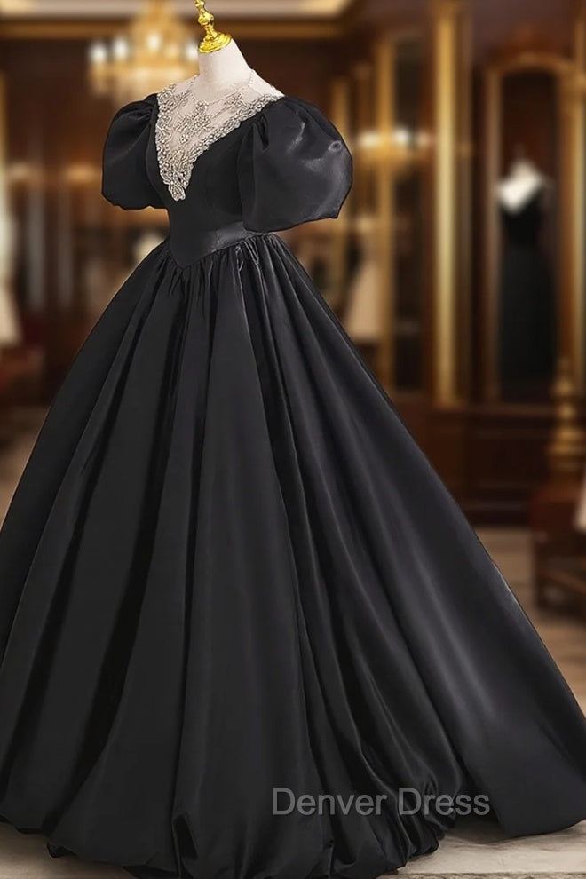 Black Ball Gowns with Beaded, Black Short Sleeve Prom Dresses