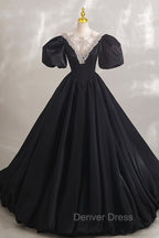 Black Ball Gowns with Beaded, Black Short Sleeve Prom Dresses