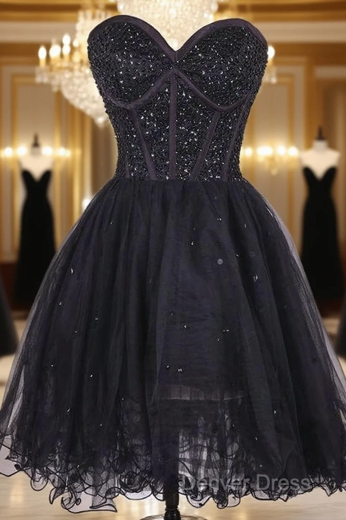 Black Beaded Embellished Sweetheart Short Tulle Homecoming Dresses Main image