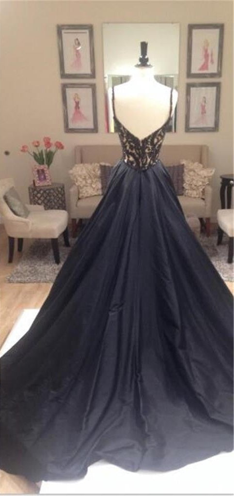 Black Beaded Lace Off Shoulder Prom Dress-Elegant V-Neck V-Back Evening Gown Secondary image