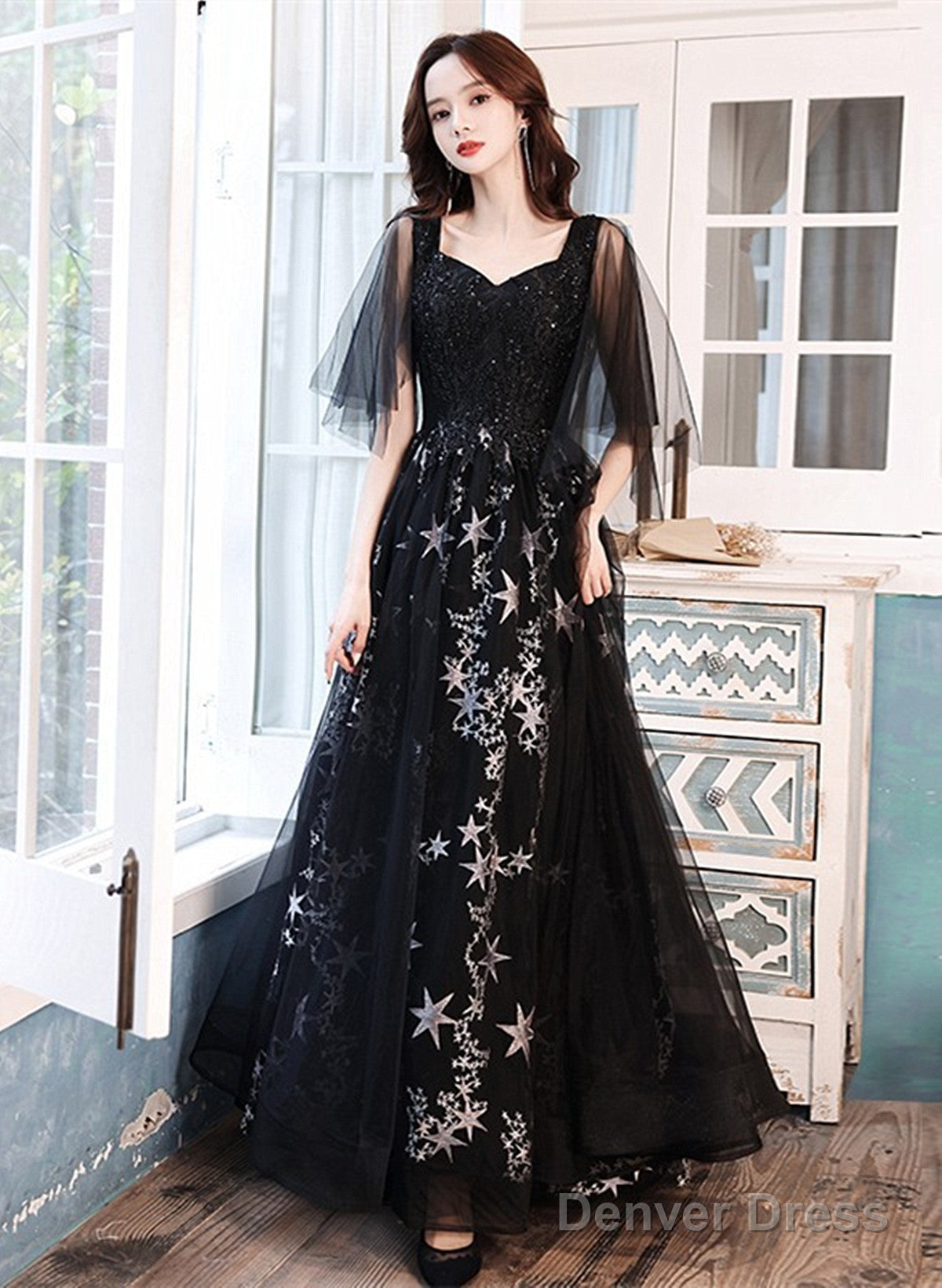 Black Beaded Straps A-Line Floor Length Party Dress, Black Tulle Long Prom Dress Main image