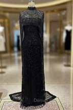 Black Beading Prom Dress Sweep Train High Neck Zipper Sleeveless Prom Dresses