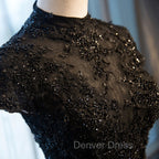 Black Cap Sleeves Long Tulle Prom Dress, Black Prom Dresses