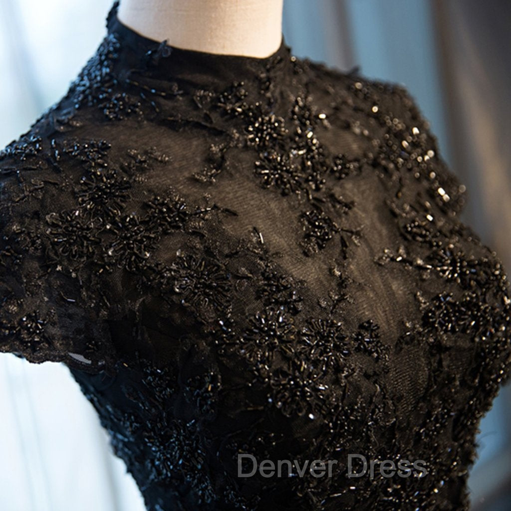 Black Cap Sleeves Long Tulle Prom Dress, Black Prom Dresses