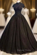 Black Cap Sleeves Long Tulle Prom Dress, Black Prom Dresses