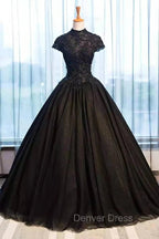 Black Cap Sleeves Long Tulle Prom Dress, Black Prom Dresses
