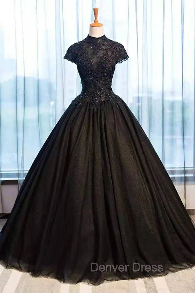 Black Cap Sleeves Long Tulle Prom Dress, Black Prom Dresses