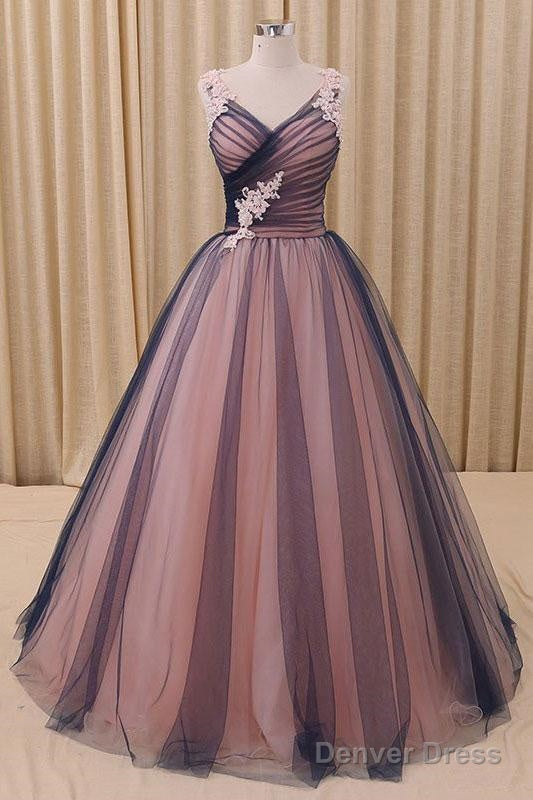 Black & Champagne V Neck Simple Tulle Long Prom Dress