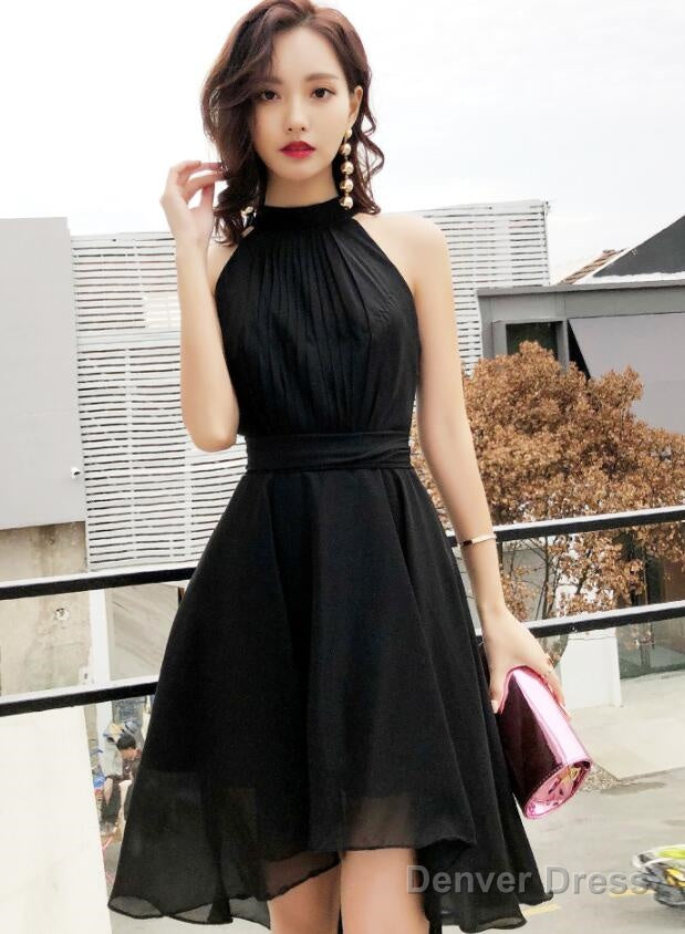 Black Chiffon Halter High Low Prom Dress Homecoming Dress, Black Bridesmaid Dresses
