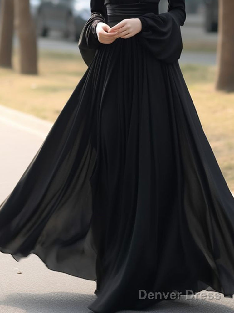 Black Chiffon Long Sleeves V Neckline Prom Dress, Black Prom Dress Secondary image
