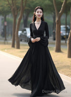 Black Chiffon Long Sleeves V Neckline Prom Dress, Black Prom Dress