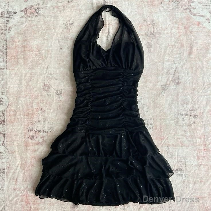 Black Chiffon Sleeveless Halter Prom Dress Short Prom Dresses