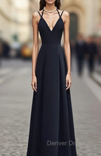 Black Chiffon Straps Long A-line Junior Prom Dresses, Black Party Gowns