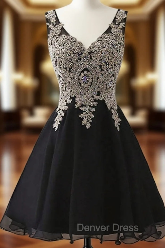 Black Chiffon V Neck Lace Appliques Beading Homecoming Dresses Main image
