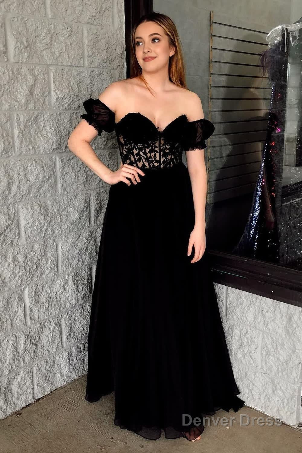 Black Corset A Line Lace Long Prom Dresses