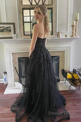 black corset a line tulle long prom dress with lace