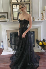 black corset a line tulle long prom dress with lace