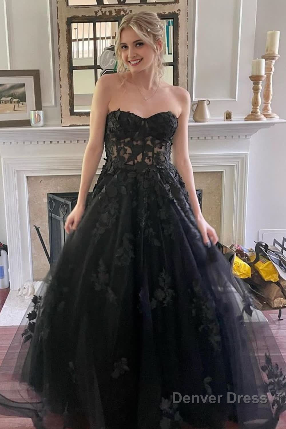 black corset a line tulle long prom dress with lace