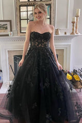 black corset a line tulle long prom dress with lace