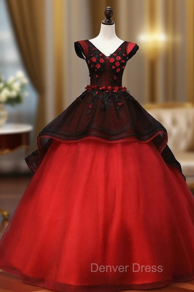 Black Dark Red Tulle V Neck Appliques Quinceanera Dresses Main image