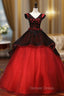 Black Dark Red Tulle V Neck Appliques Quinceanera Dresses