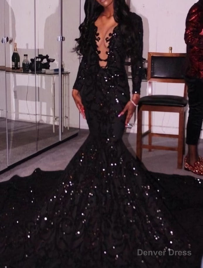 Black Deep V Neck Long Prom Dress , Mearmaid Prom Dresses