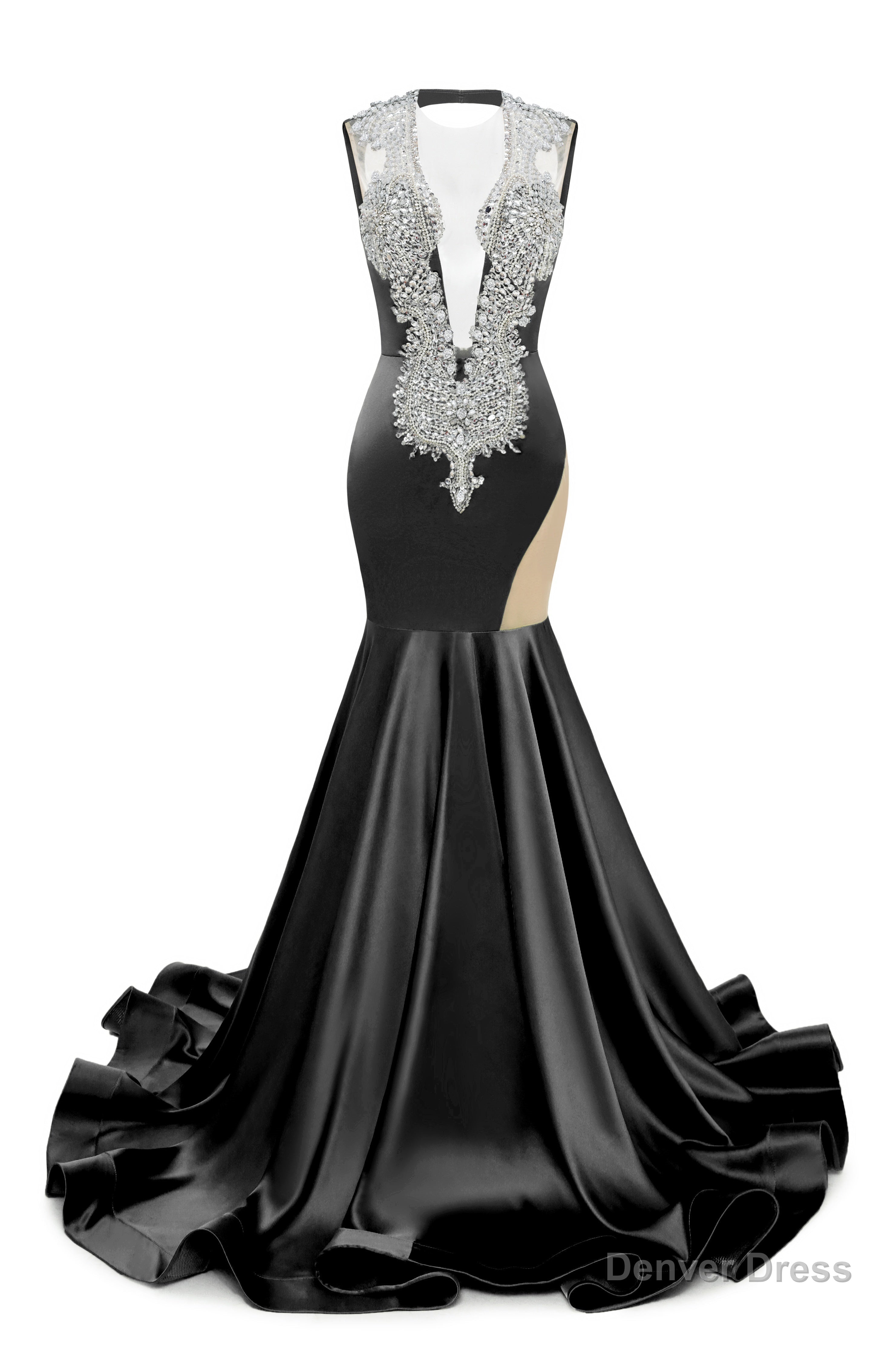 Black Deep V Neck Mermaid Satin Prom Dress Sparkly Beaded Pageant Crystals Prom Dresses Secondary image