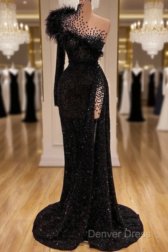 Black Evening Dresses High Neck Side Split Long Sleeve Mermaid Prom Dresses Feather Beaded Sexy Special Occasion Gowns Main image