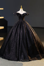 Black Floor Length V-neck Off the Shoulder Formal Dresses, Black A-Line Evening Dresses