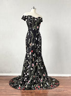 Black Floral Lace Mermaid Off Shoulder Long Party Dresses, Black Evening Dresses Prom Dresses
