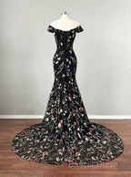 Black Floral Lace Mermaid Off Shoulder Long Party Dresses, Black Evening Dresses Prom Dresses