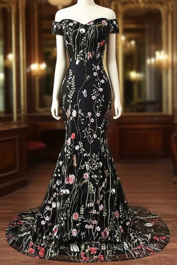 Black Floral Lace Mermaid Off Shoulder Long Party Dresses, Black Evening Dresses Prom Dresses