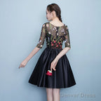 Black Floral Lace Short Sleeves Homeocming Dress, Back Prom Dress Wedding Prom Dresses