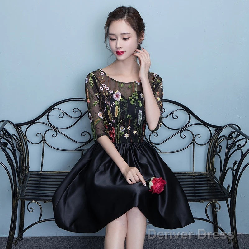 Black Floral Lace Short Sleeves Homeocming Dress, Back Prom Dress Wedding Prom Dresses Main image
