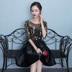 Black Floral Lace Short Sleeves Homeocming Dress, Back Prom Dress Wedding Prom Dresses